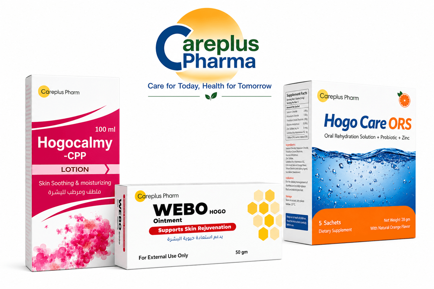 Care Plus Pharma product range — Hogocalmy CPP, WEBO Hogo Ointment, Hogo Care ORS